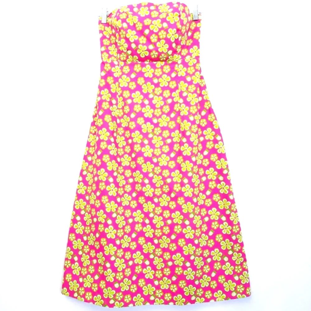 Vintage Lilly Pulitzer Strapless Lip Pink Dunebuggy Floral w/Ladybugs Midi Dress - Picture 13 of 14